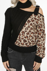 Contrast Animal Print Cut Out High Neck Knitted Jumper