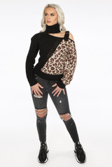 Contrast Animal Print Cut Out High Neck Knitted Jumper