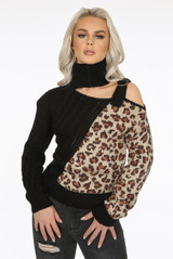 Contrast Animal Print Cut Out High Neck Knitted Jumper