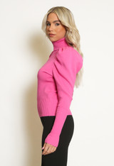 High Neck Puff Sleeve Ribbed Jumper