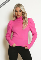 High Neck Puff Sleeve Ribbed Jumper