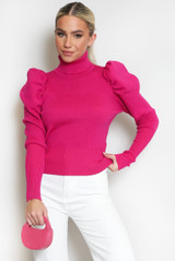 High Neck Puff Sleeve Ribbed Jumper