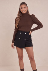 High Neck Puff Sleeve Ribbed Jumper