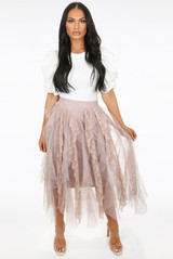 Contrast Lace Tulle Wavy Maxi Skirt