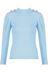 Golden Button Trim High Neck Ribbed Jumper