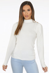 Golden Button Trim High Neck Ribbed Jumper