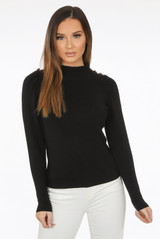 Golden Button Trim High Neck Ribbed Jumper