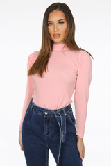Golden Button Trim High Neck Ribbed Jumper