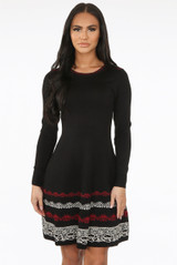 Black Fine Knit Floral Print Bodycon Dress