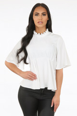 Pleated Back Zip Up High Neck Blouse