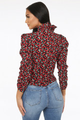 Contrast Floral Print Knotted High Neck Tops