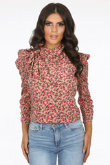 Contrast Floral Print Knotted High Neck Tops