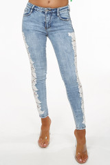 Lace Trim Washed Denim Jeans