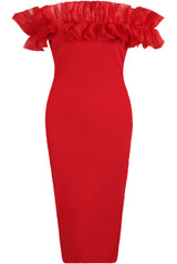 Frilled Off Shoulder Back Slit Bodycon Dress