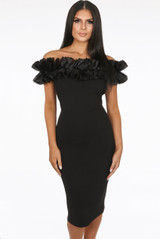 Frilled Off Shoulder Back Slit Bodycon Dress