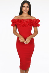 Frilled Off Shoulder Back Slit Bodycon Dress