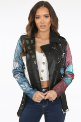 PU Colour Splash Buckle Up Cropped Biker Jacket 