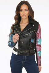 PU Colour Splash Buckle Up Cropped Biker Jacket 