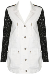 White with Black Sequin Sleeve Military Jacket