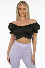 Satin Off Shoulder Back Knotted Crop Tops