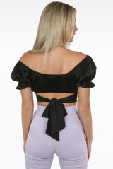 Satin Off Shoulder Back Knotted Crop Tops