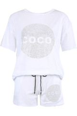 Studded 'COCO' Slogan Trim Top & Shorts Set