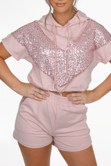 Hooded Sequin Trim Jumper & Sequin Panel Shorts Set 