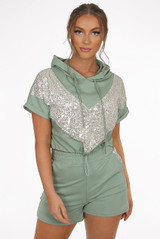 Hooded Sequin Trim Jumper & Sequin Panel Shorts Set 