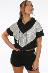 Hooded Sequin Trim Jumper & Sequin Panel Shorts Set 