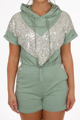 Hooded Sequin Trim Jumper & Sequin Panel Shorts Set 