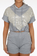 Hooded Sequin Trim Jumper & Sequin Panel Shorts Set 