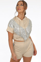 Hooded Sequin Trim Jumper & Sequin Panel Shorts Set 