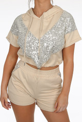 Hooded Sequin Trim Jumper & Sequin Panel Shorts Set 