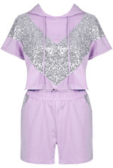 Hooded Sequin Trim Jumper & Sequin Panel Shorts Set 