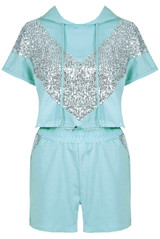 Hooded Sequin Trim Jumper & Sequin Panel Shorts Set 