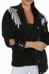 Feathered Wing Trim Denim Jacket
