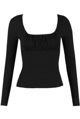 Pleated Low Neck Ribbed Long Sleeve Top