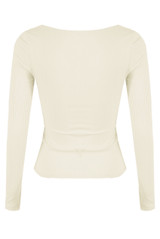 Pleated Low Neck Ribbed Long Sleeve Top