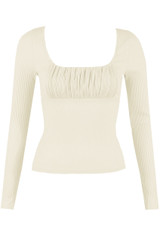 Pleated Low Neck Ribbed Long Sleeve Top