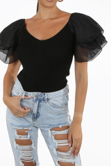Frill Layer Ribbed Top Off The Shoulder