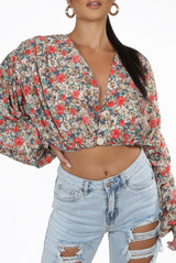 Floral Print Button Trim Wrap Tops