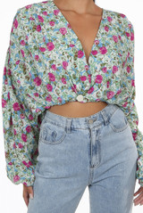 Floral Print Button Trim Wrap Tops