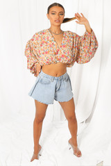 Floral Print Button Trim Wrap Tops