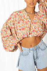 Floral Print Button Trim Wrap Tops