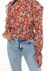 Contrast Floral Print Overlay Frill Crop Tops