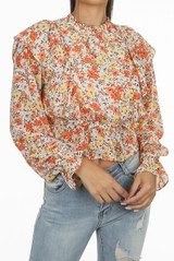 Contrast Floral Print Overlay Frill Crop Tops