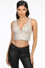 Sequin V Neck Crop Tops