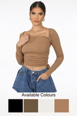 Side Ruched Knotted Square Neck Tops