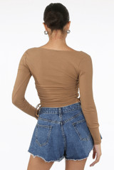 Side Ruched Knotted Square Neck Tops