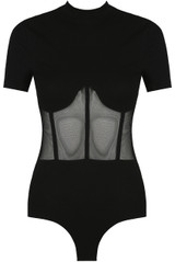 Netted Trim High Neck Ribbed Bodysuit